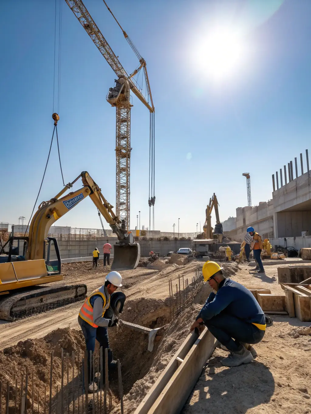 A construction site with heavy machinery and workers, illustrating construction loans available through Irongate Lending.