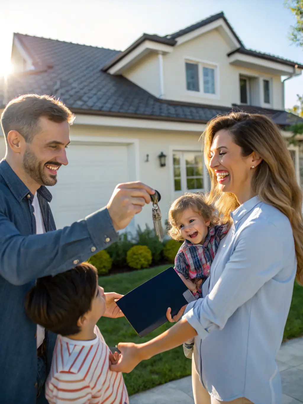 A professional photograph of a modern family standing in front of their newly purchased suburban home, smiling and holding keys, symbolizing the joy of homeownership achieved through Irongate Lending's residential loan program.