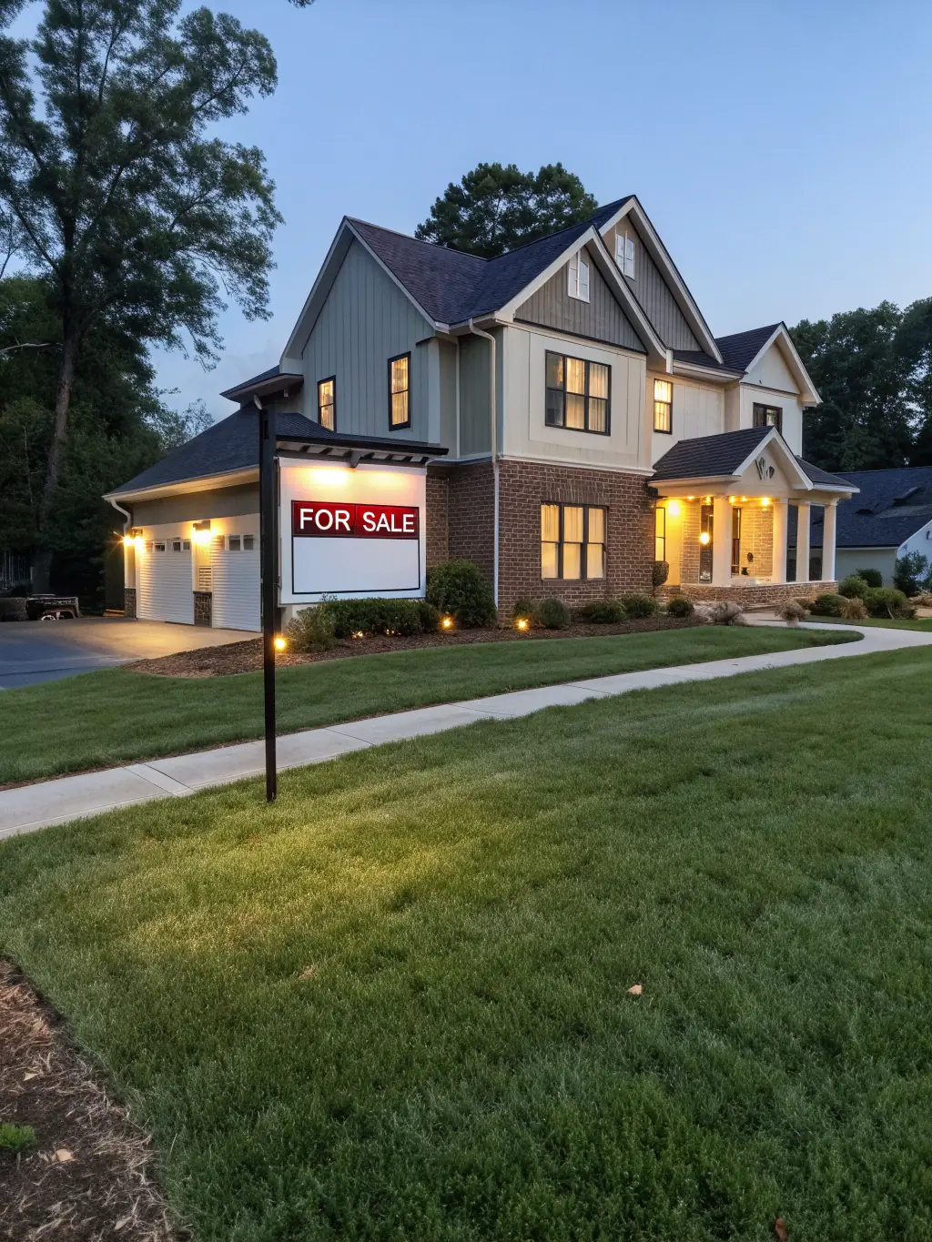 A modern house exterior with a 'For Sale' sign, bathed in sunlight, representing residential real estate loans offered by Irongate Lending.