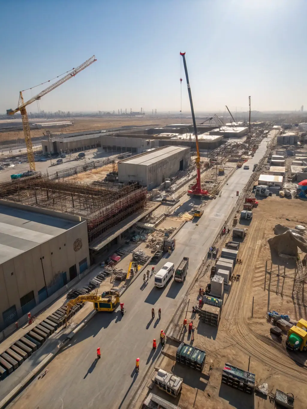 An aerial view of a construction site with heavy machinery and workers, showcasing Irongate Lending's construction loan program in action.