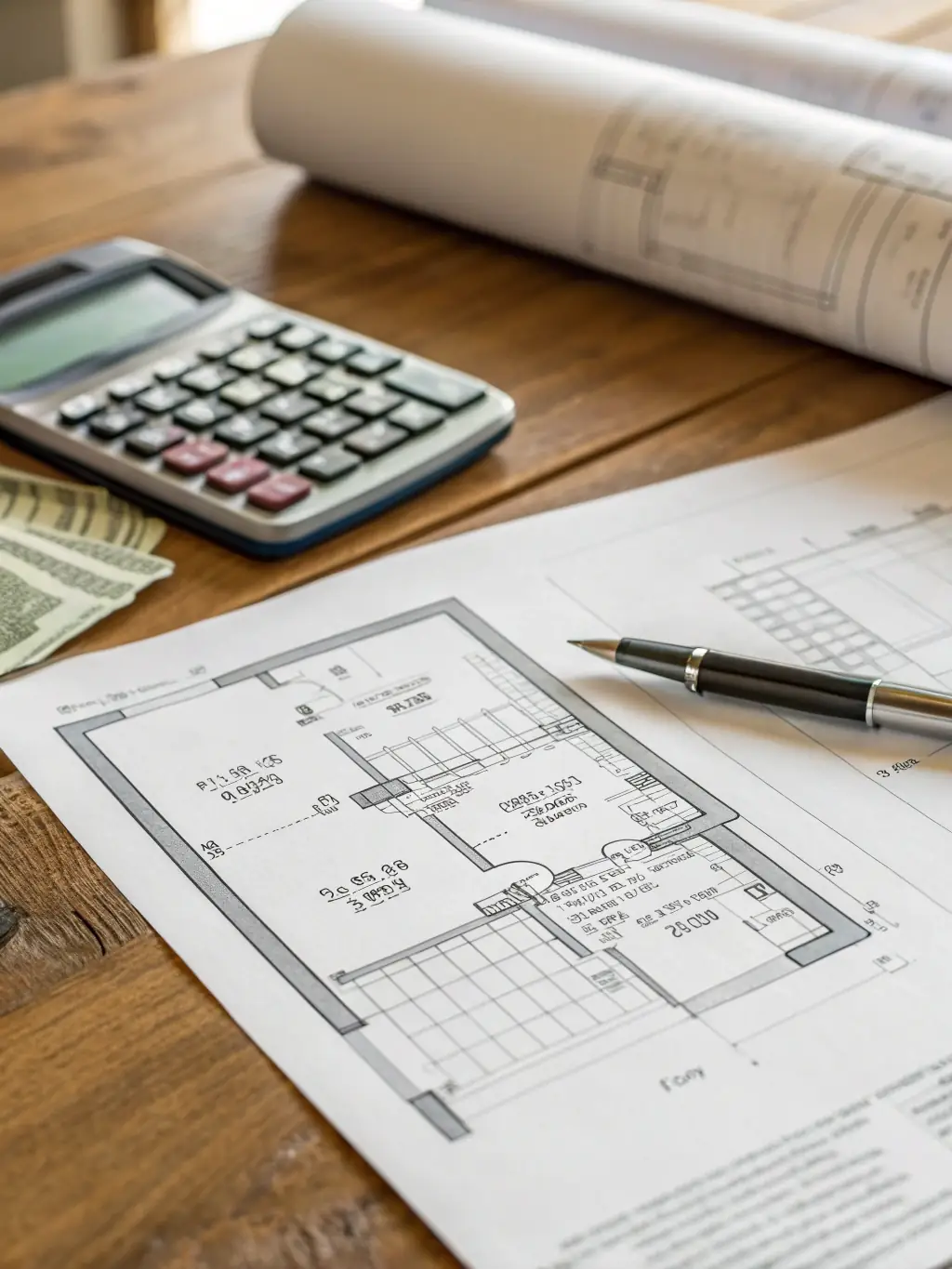 A close-up shot of blueprints and architectural plans spread out on a table, with a calculator and pen nearby, symbolizing the planning and financial aspects of real estate investment supported by Irongate Lending.
