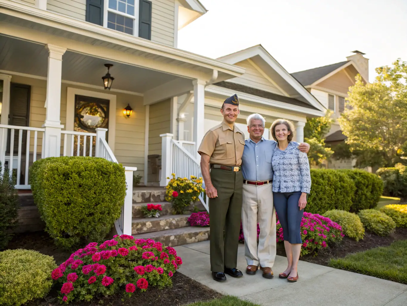 A veteran smiling in front of their home, representing the benefits and appreciation offered through VA loans.