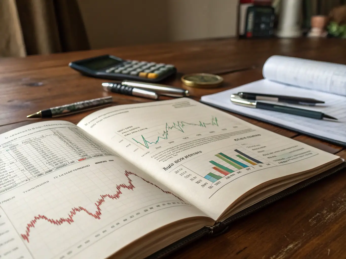 An open book with financial charts and graphs, representing informative articles about mortgage options and the home buying process.