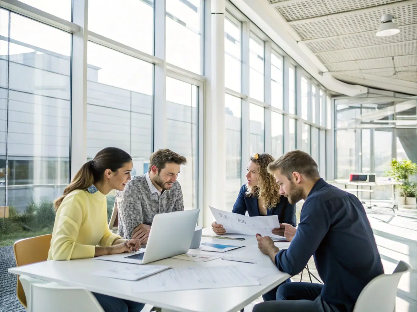 A diverse team of Irongate Lending professionals collaborating in a bright, open office space. The atmosphere is positive and focused, reflecting their dedication to client success.