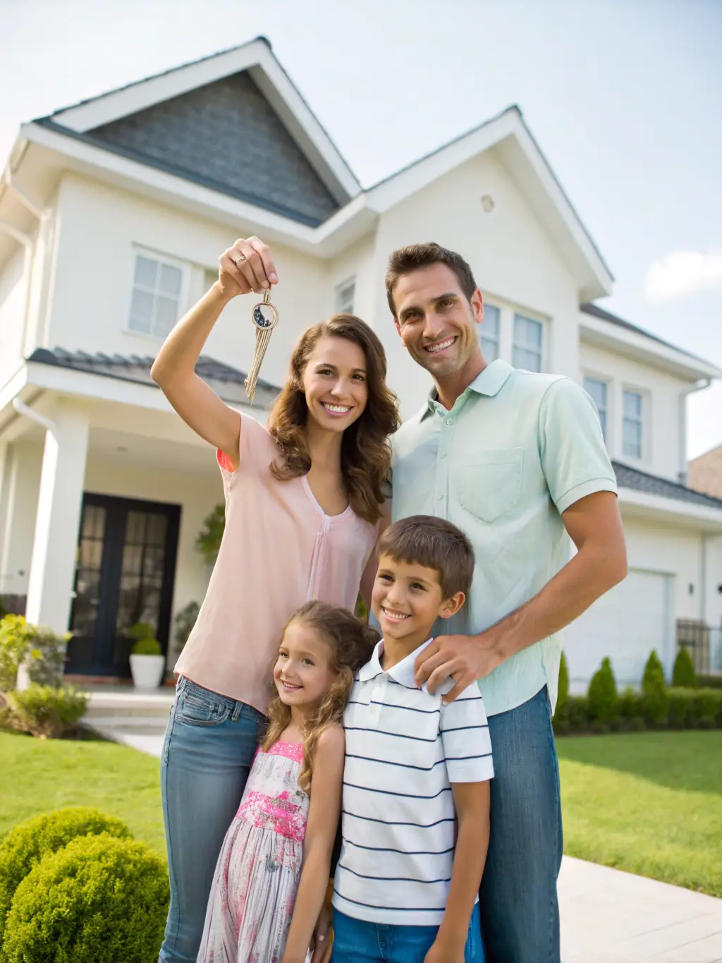 A happy family standing in front of their new home, purchased with the help of an FHA loan, showcasing the accessibility and support provided by Irongate Lending.