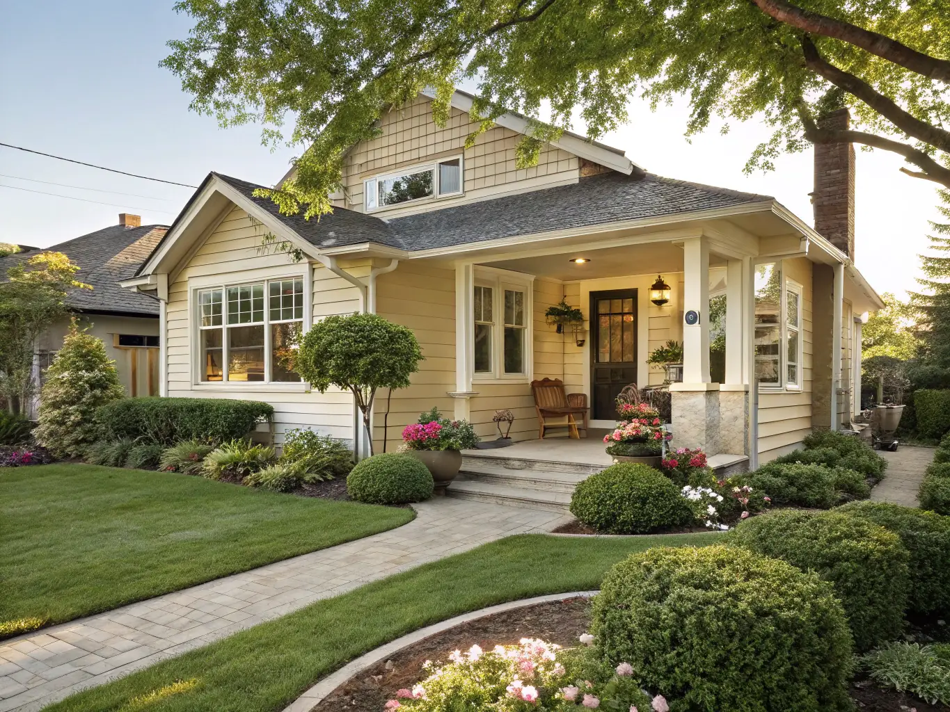 A cozy suburban home exterior at sunset, representing the ideal of homeownership achievable through a conventional loan.