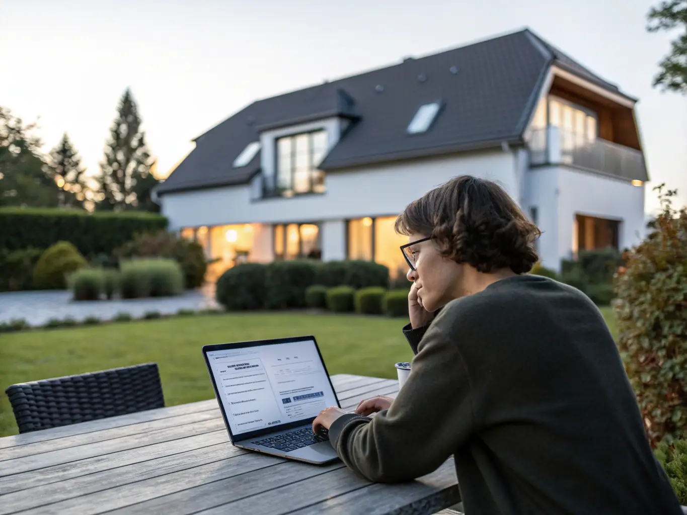 A person using a mortgage calculator on a laptop, with a home in the background, symbolizing financial planning for homeownership.
